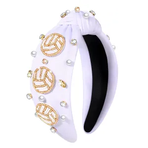 Headband Sports Tennis Volleyball Beaded Knot Headband Pearl Rhinestone Jeweled Wide Twist Head Band Game Day Accessories testimony Game Day Knotted 