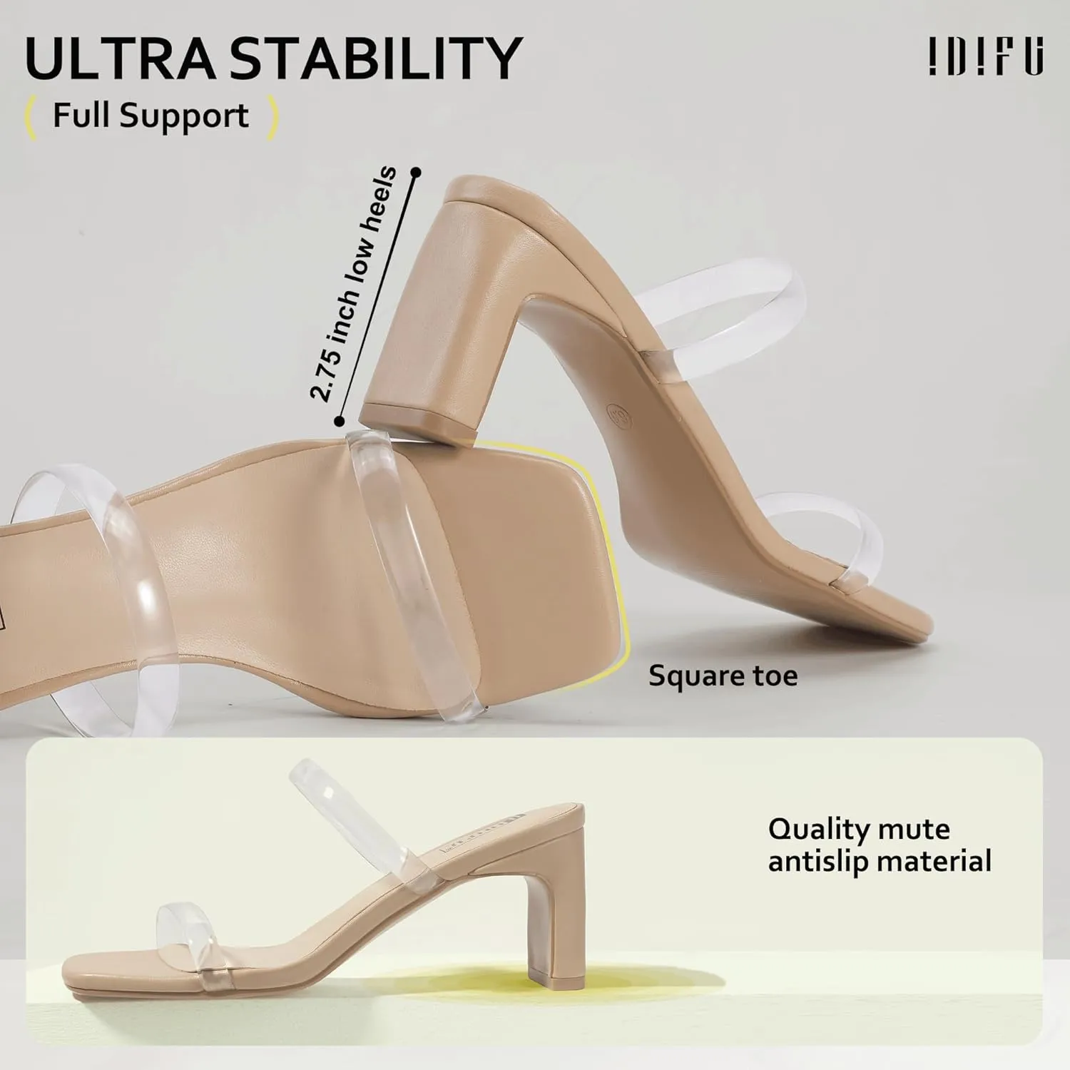 Heels For Women Low Block Square Open Toe Heels right critical Two Strap Slip On Comfortable Slides Heeled Sandals Sexy Wedding Prom Party Dress Shoes Cute Mule Short Heels IDIFU IN3 Chunky 