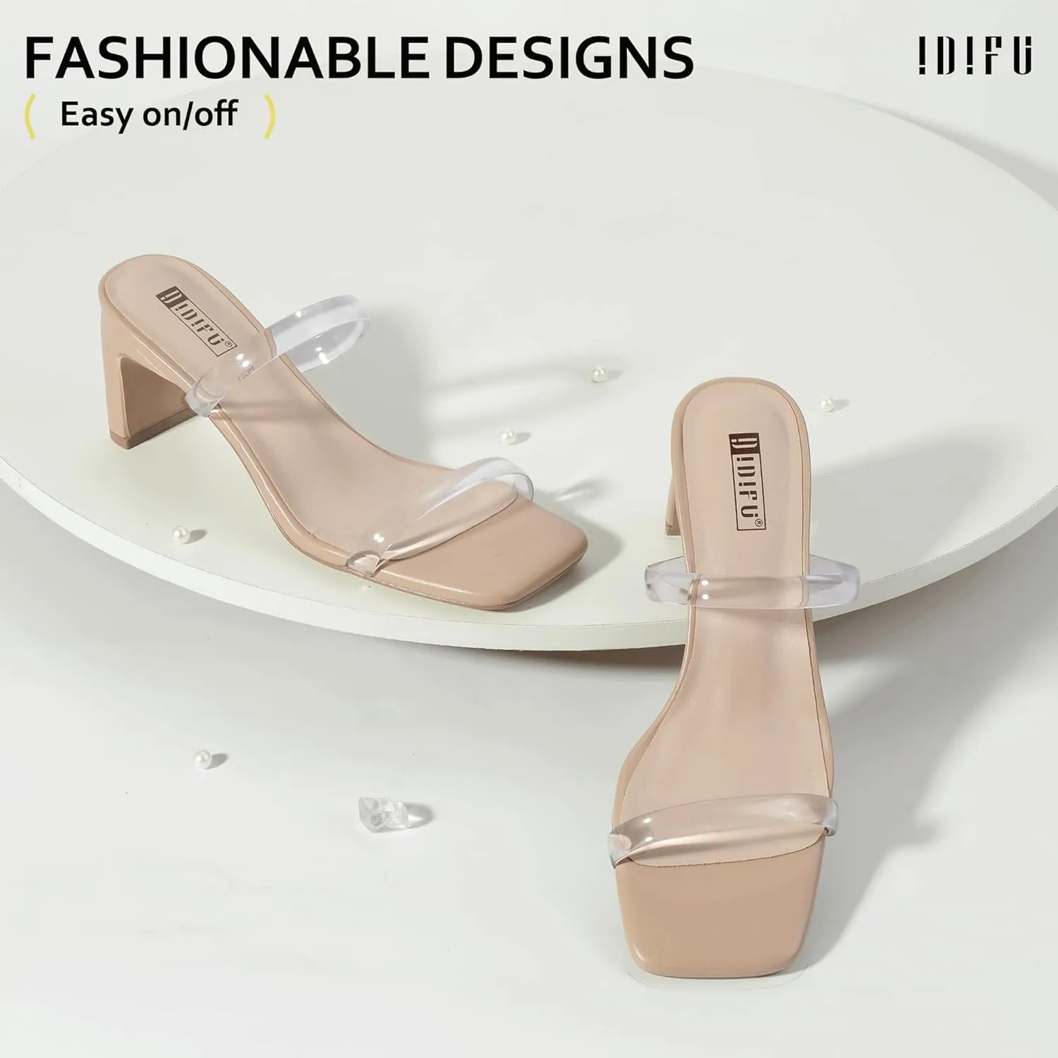 Heels For Women Low Block Square Open Toe Heels right critical Two Strap Slip On Comfortable Slides Heeled Sandals Sexy Wedding Prom Party Dress Shoes Cute Mule Short Heels IDIFU IN3 Chunky 