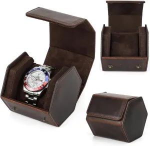 Hexagonal Watch Organizer Case for Man & Woman, Vintage Design for Single Watch/Bracelet, Handmade, Portable for Traveling & Carry Around, Dark archive Coffee, 1 Slot Top Grain Genuine Leather 