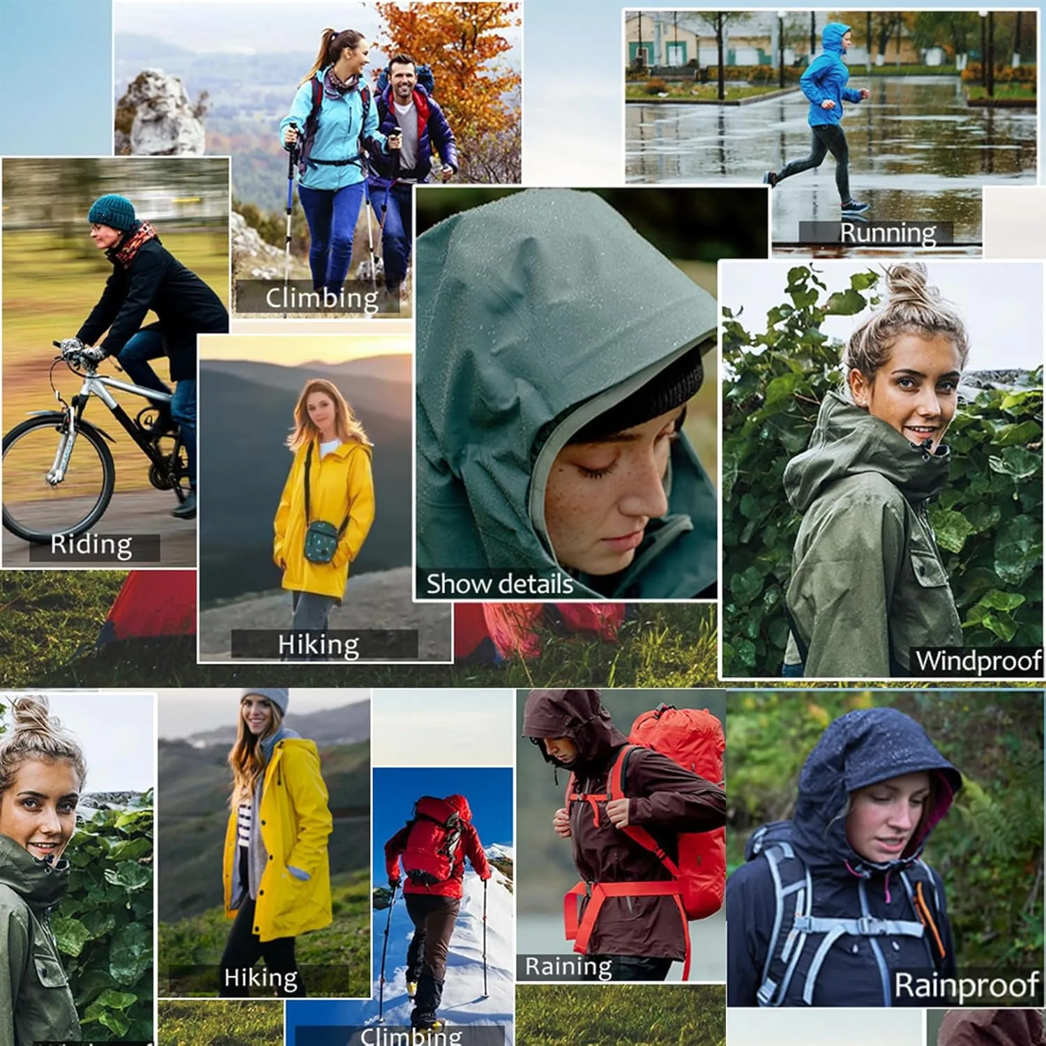 Hooded Rain Coats kink mechanics Rain Jacket Women Waterproof Windbreaker Jackets Trendy Striped Lining Raincoat Drawstring Waist 