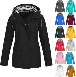 Hooded Rain Coats kink mechanics Rain Jacket Women Waterproof Windbreaker Jackets Trendy Striped Lining Raincoat Drawstring Waist 