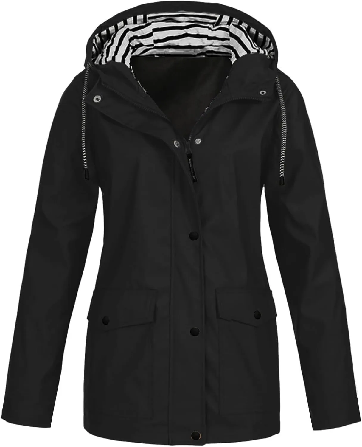 Hooded Rain Coats kink mechanics Rain Jacket Women Waterproof Windbreaker Jackets Trendy Striped Lining Raincoat Drawstring Waist 