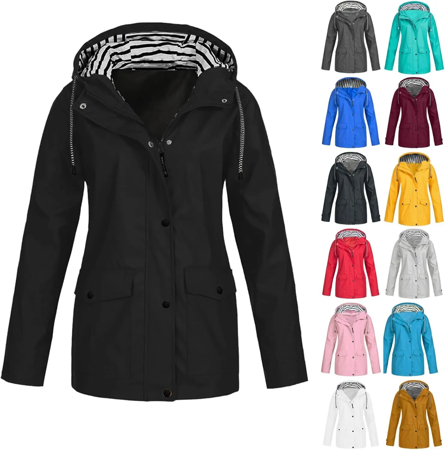Hooded Rain Coats kink mechanics Rain Jacket Women Waterproof Windbreaker Jackets Trendy Striped Lining Raincoat Drawstring Waist 