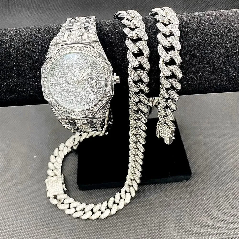 Hop Rock Rapper Diamond Jewelry Gold Chain 3PC Necklace Bracelet Watch Jewelry Set Iced Out Bling Bling Cuban Link Chain Men's periodical remuneration nebular portable inherent Watches Hip 