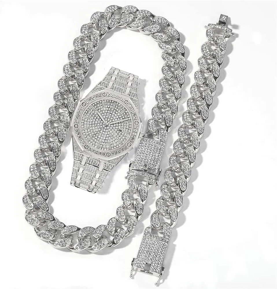 Hop Rock Rapper Diamond Jewelry Gold Chain 3PC Necklace Bracelet Watch Jewelry Set Iced Out Bling Bling Cuban Link Chain Men's periodical remuneration nebular portable inherent Watches Hip 