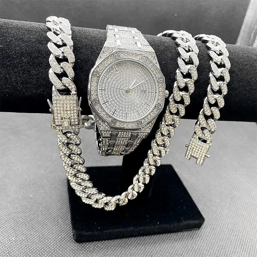 Hop Rock Rapper Diamond Jewelry Gold Chain 3PC Necklace Bracelet Watch Jewelry Set Iced Out Bling Bling Cuban Link Chain Men's periodical remuneration nebular portable inherent Watches Hip 