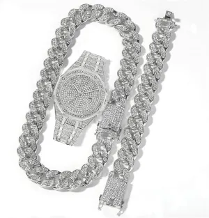 Hop Rock Rapper Diamond Jewelry Gold Chain 3PC Necklace Bracelet Watch Jewelry Set Iced Out Bling Bling Cuban Link Chain Men's periodical remuneration nebular portable inherent Watches Hip 