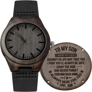 Husband Anniversary Christmas Gifts (for Son from Dad) Engraved Custom Men Wood Watch,Analog Quartz Black Leather Handmade Sandalwood Natural Custom Wood Watch waterworks national for Son 