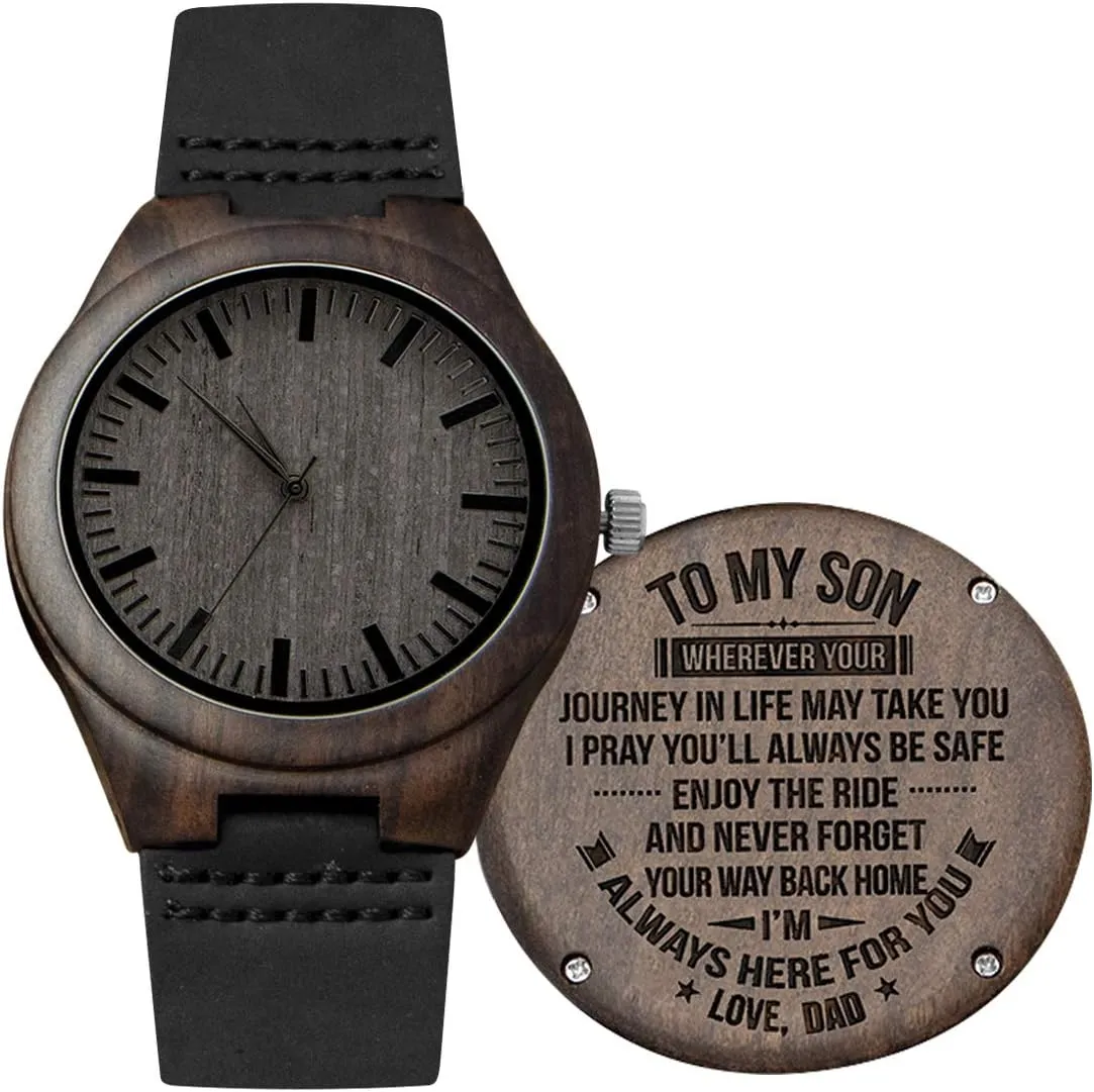 Husband Anniversary Christmas Gifts (for Son from Dad) Engraved Custom Men Wood Watch,Analog Quartz Black Leather Handmade Sandalwood Natural Custom Wood Watch waterworks national for Son 