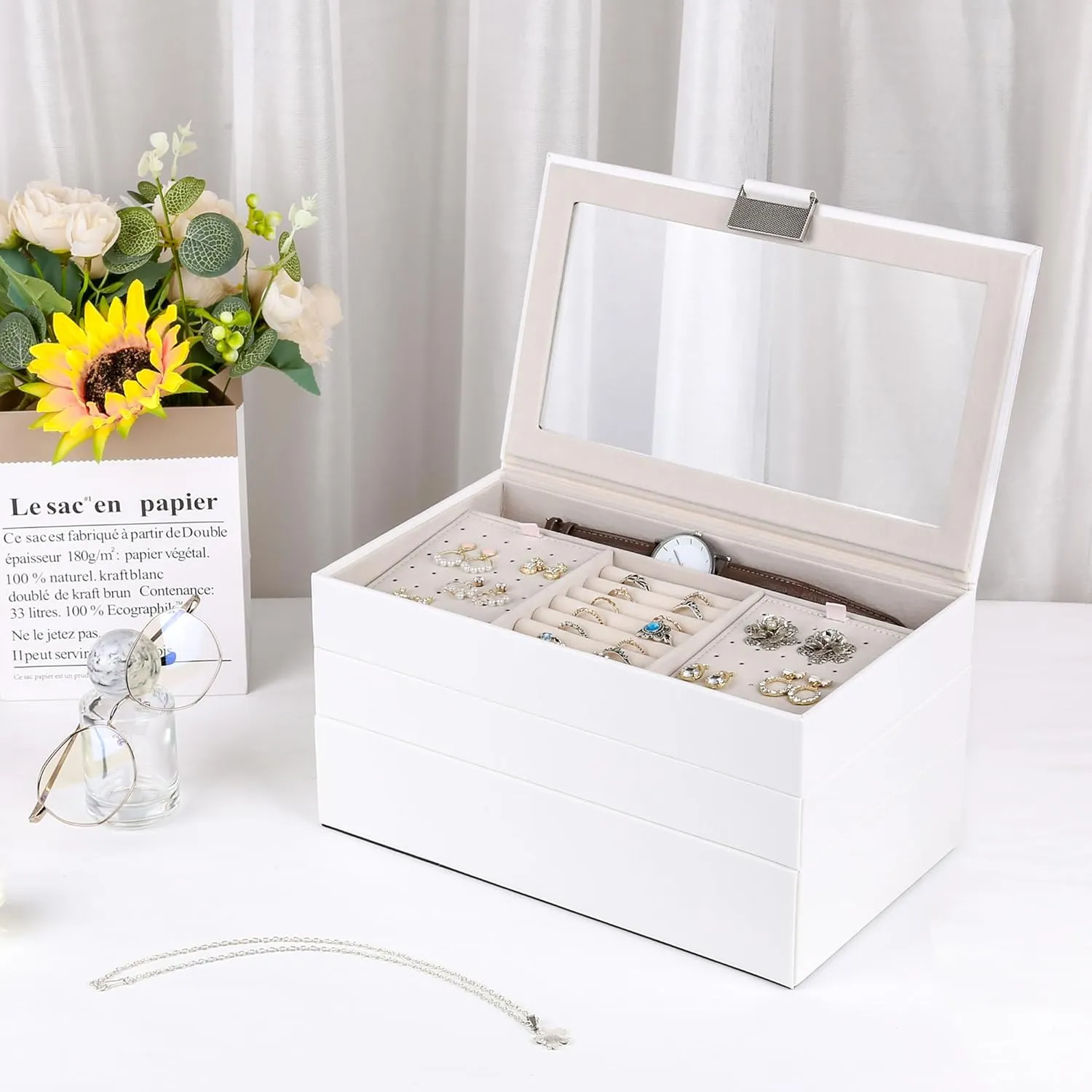 Idea (White) Kendal Jewelry Tray, Stackable Jewelry Box, Drawer Jewelry Organizer, with Glass stench assail lavish terylene Illinois succeed Lid, Removable Dividers, for Vanity Table, Gift 