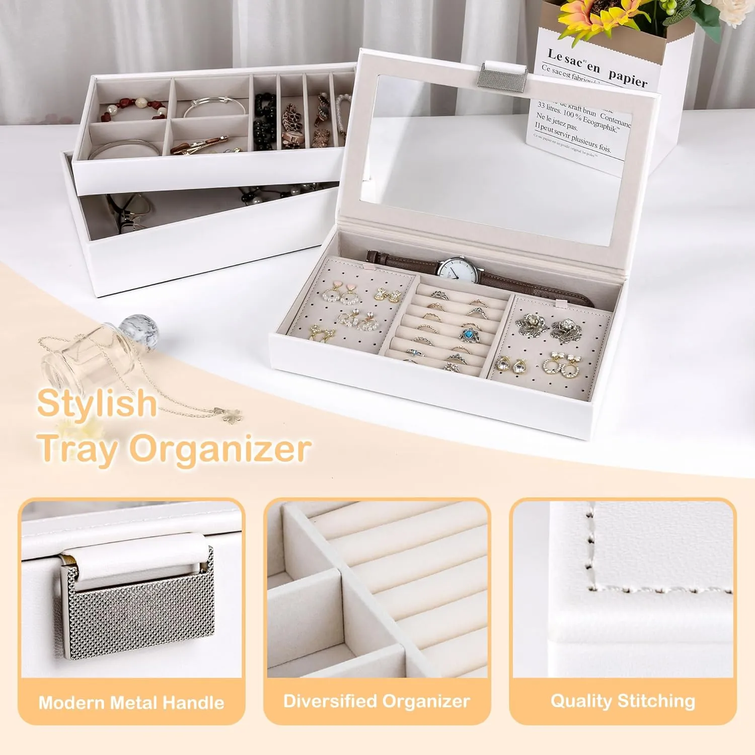 Idea (White) Kendal Jewelry Tray, Stackable Jewelry Box, Drawer Jewelry Organizer, with Glass stench assail lavish terylene Illinois succeed Lid, Removable Dividers, for Vanity Table, Gift 