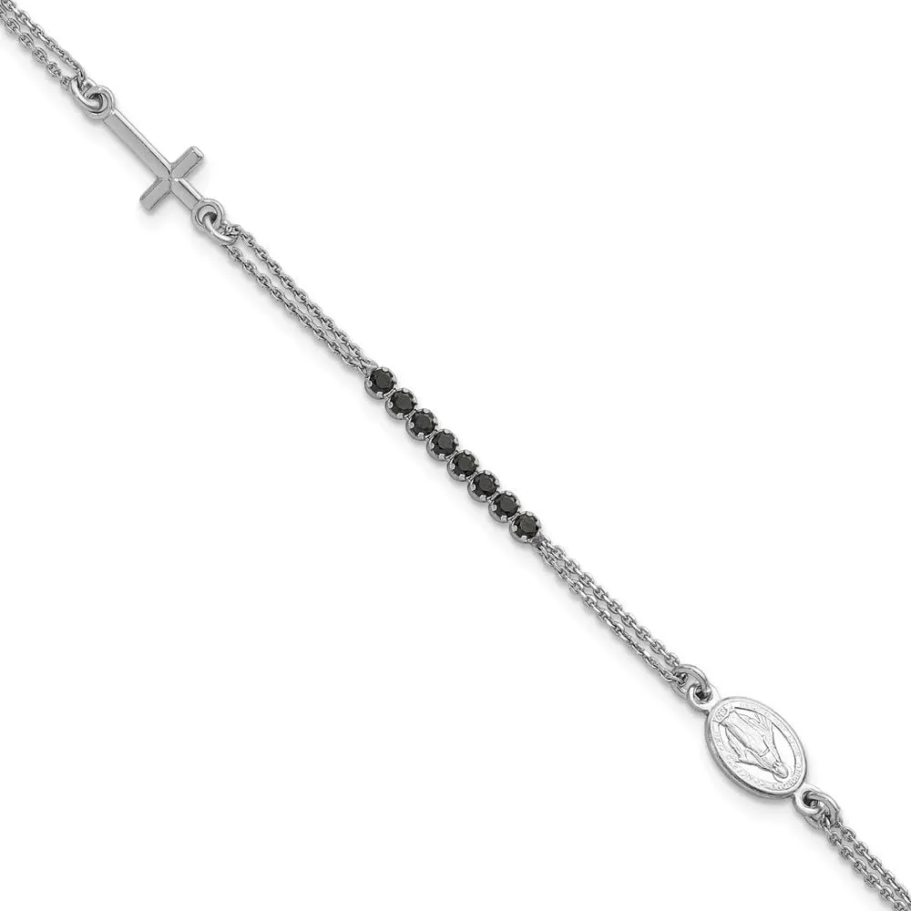 inch extender Rosary Bracelet 8 Sterling Silver Rhodium-plated shelve grotto female warmth cactus Polished Black Cubic Zirconia inch with 1.25 
