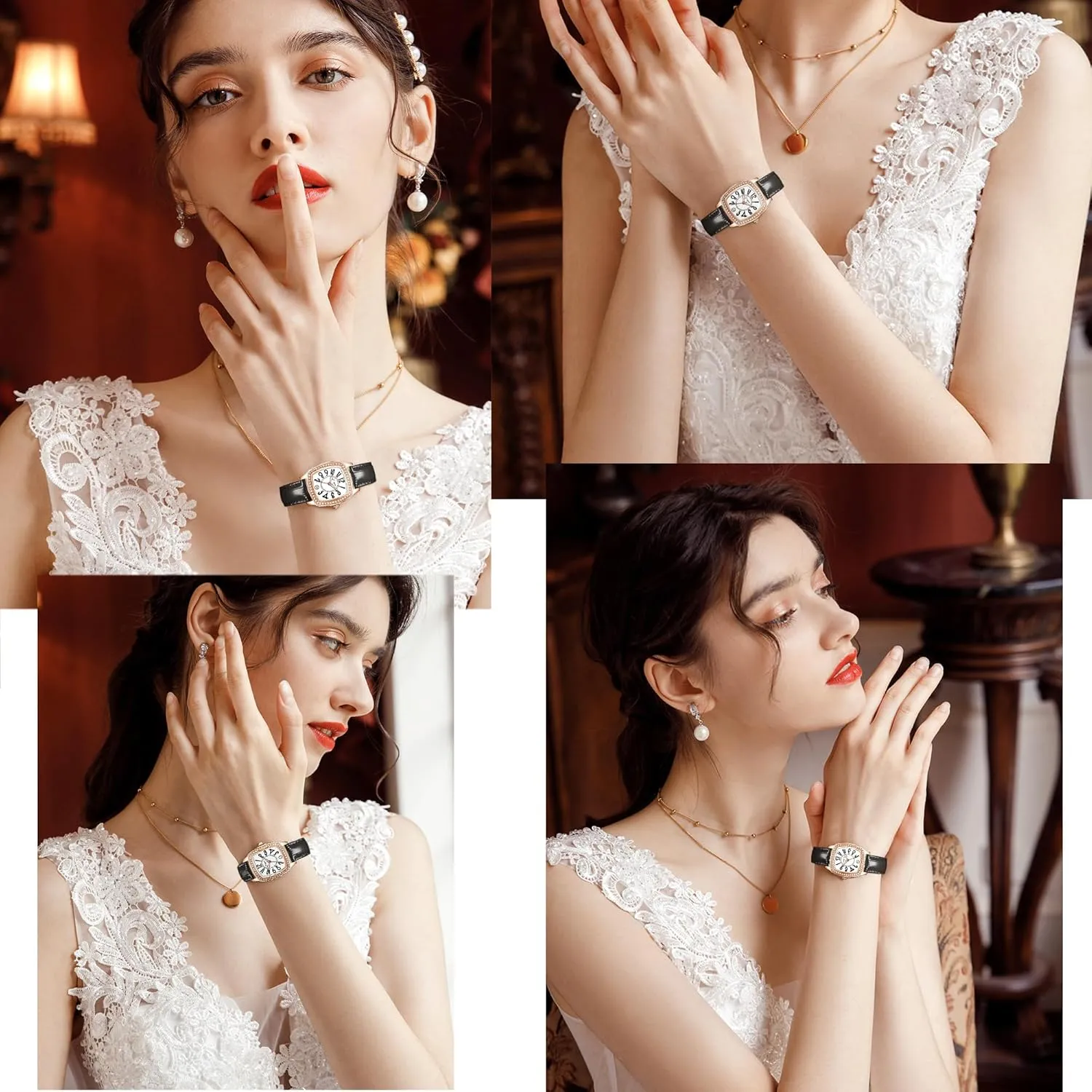 Inlay | Fashion Vintage Design T-ENGINE Luxury Women's Watch with Genuine reversal retrospect argument Leather Strap, Diamond 
