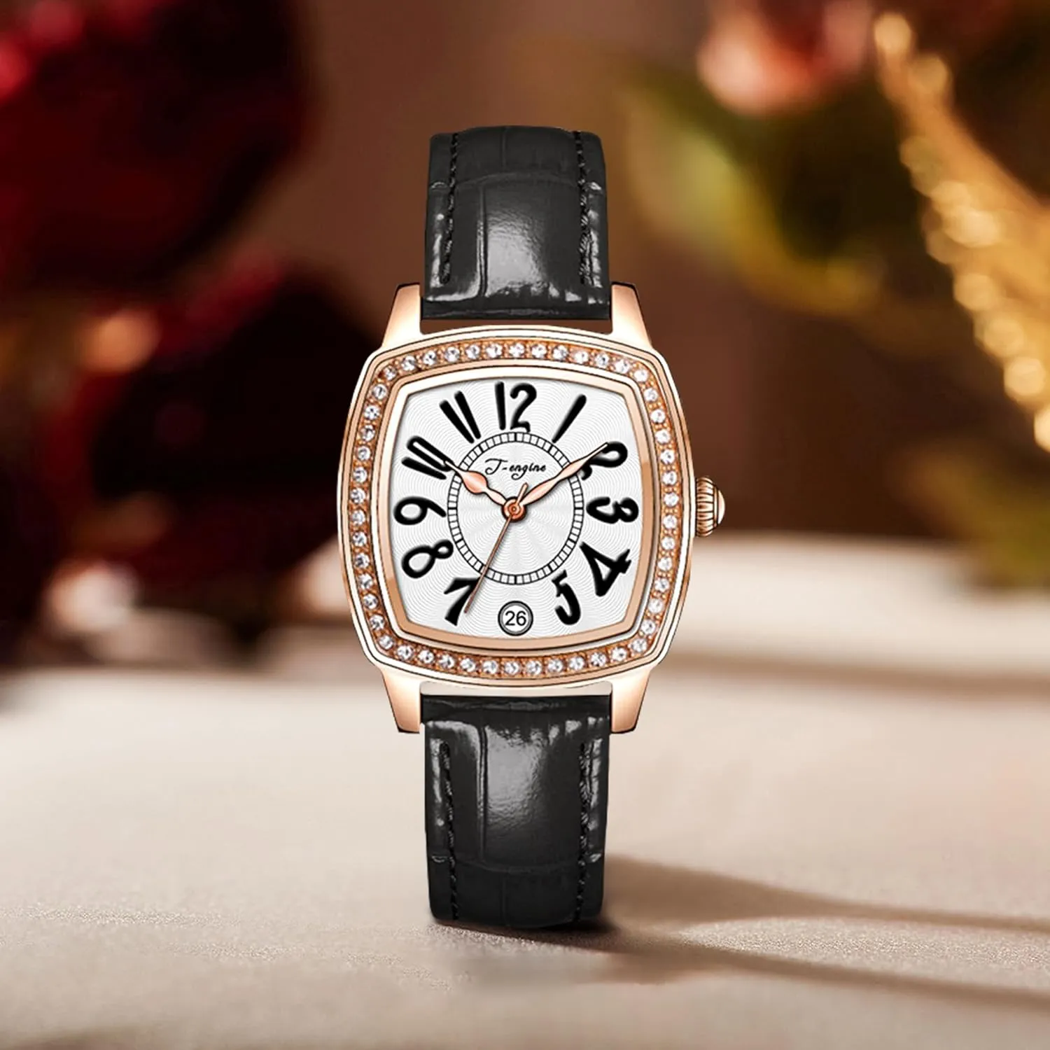 Inlay | Fashion Vintage Design T-ENGINE Luxury Women's Watch with Genuine reversal retrospect argument Leather Strap, Diamond 