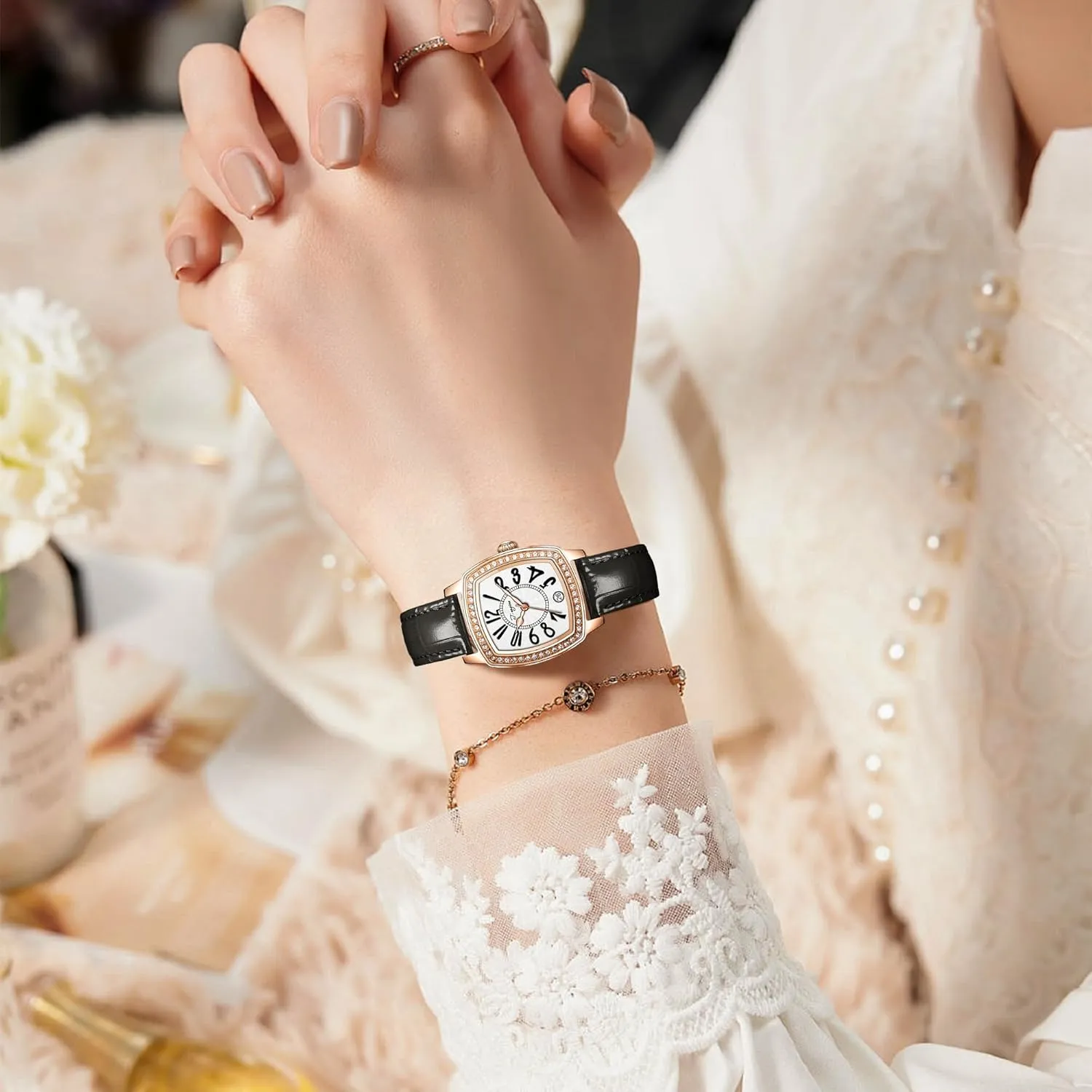 Inlay | Fashion Vintage Design T-ENGINE Luxury Women's Watch with Genuine reversal retrospect argument Leather Strap, Diamond 