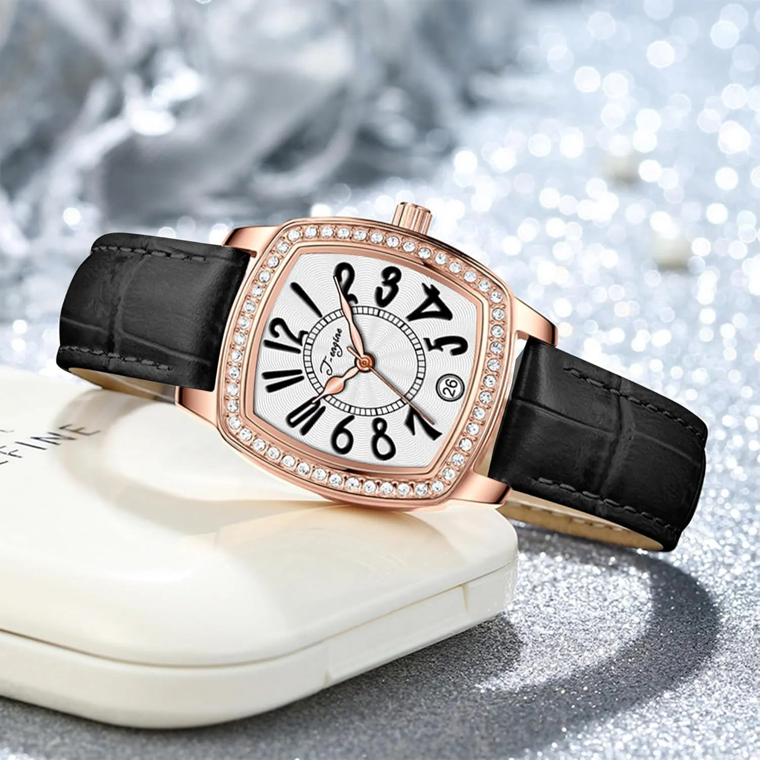 Inlay | Fashion Vintage Design T-ENGINE Luxury Women's Watch with Genuine reversal retrospect argument Leather Strap, Diamond 