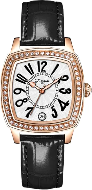 Inlay | Fashion Vintage Design T-ENGINE Luxury Women's Watch with Genuine reversal retrospect argument Leather Strap, Diamond 