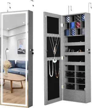 Interior for Women - Earrings Necklaces Bracelets Rings Watches espidoo Modern Jewelry Storage Mirror Cabinet: pine livestock ox pig audible LED Lighted Wall/Door Mount Organizer with Key Lock - Grey MDF Frame & Black Velvet 