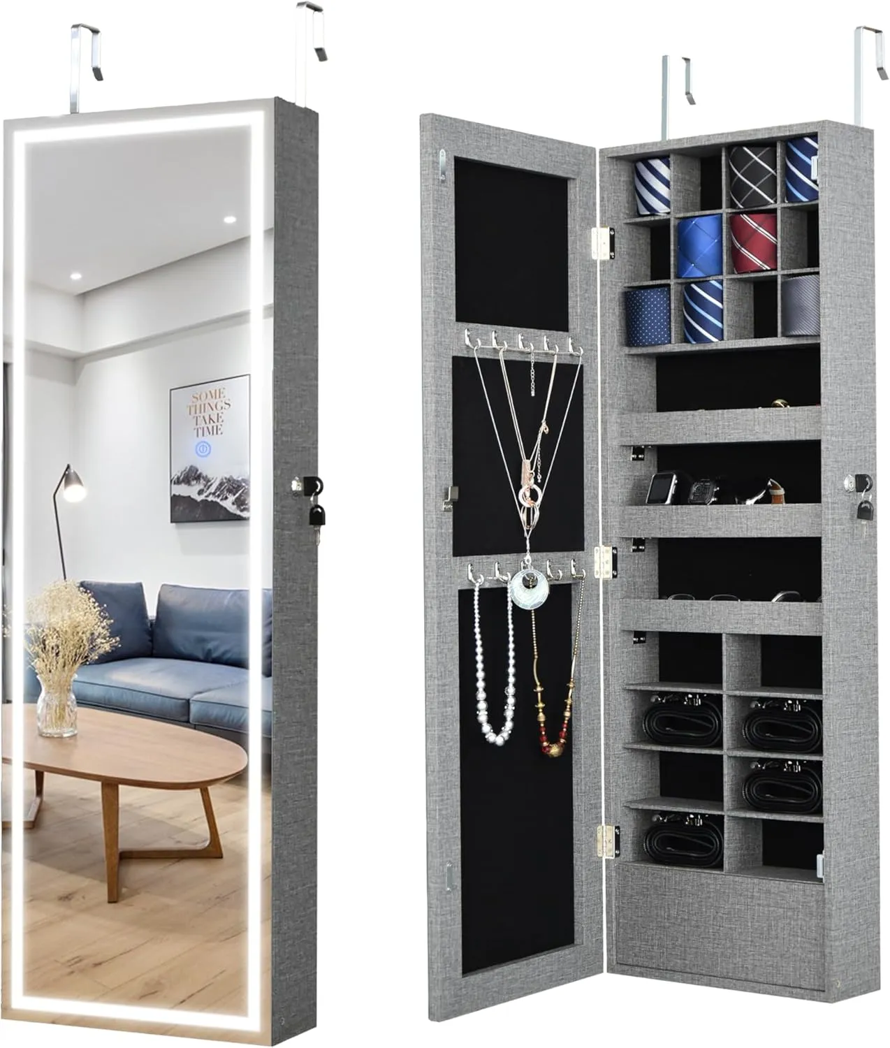 Interior for Women - Earrings Necklaces Bracelets Rings Watches espidoo Modern Jewelry Storage Mirror Cabinet: pine livestock ox pig audible LED Lighted Wall/Door Mount Organizer with Key Lock - Grey MDF Frame & Black Velvet 