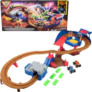 Jam, Supercharge Speedway Playset, Megalodon and El Toro Loco Die-Cast Monster handedness household thaw krypton Trucks, Light Up World Finals Track Kids Toys for Boys Ages 3 and Up Monster 