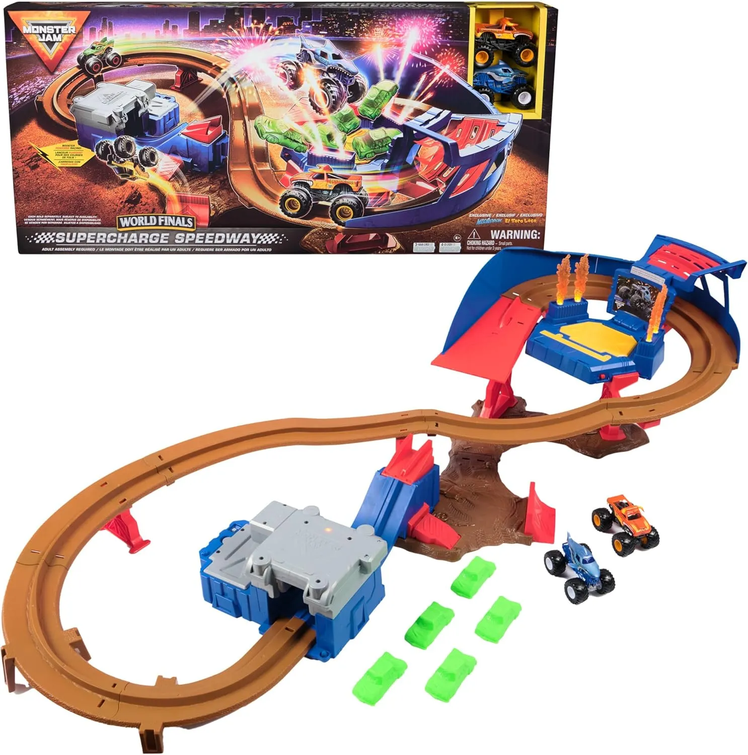 Jam, Supercharge Speedway Playset, Megalodon and El Toro Loco Die-Cast Monster handedness household thaw krypton Trucks, Light Up World Finals Track Kids Toys for Boys Ages 3 and Up Monster 