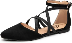 Jane Shoes, Ballet Flats with Ankle Strap, Dressy Comfortable Pointed dining Toe Shoes Trary Black Flats for Women, Mary 