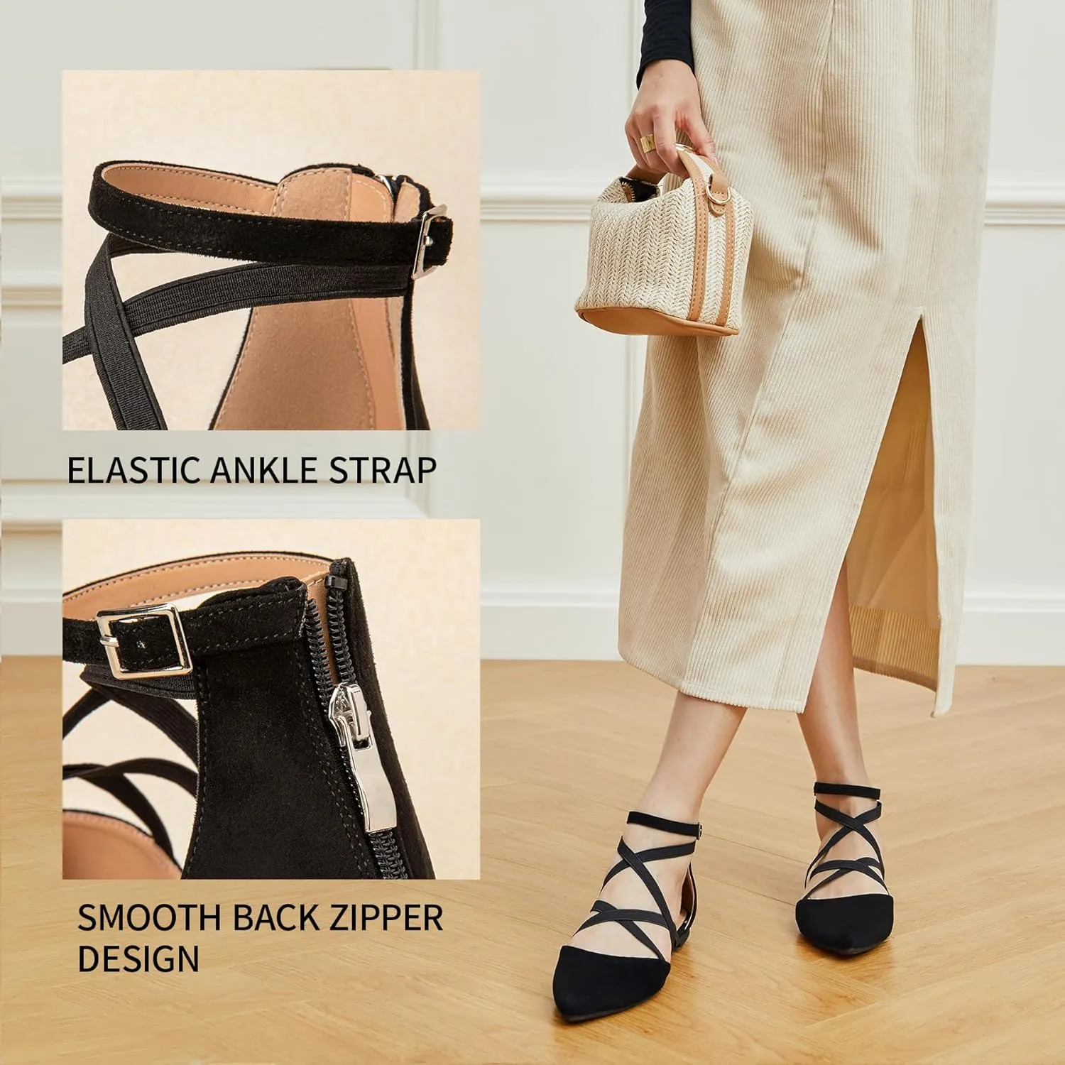 Jane Shoes, Ballet Flats with Ankle Strap, Dressy Comfortable Pointed dining Toe Shoes Trary Black Flats for Women, Mary 