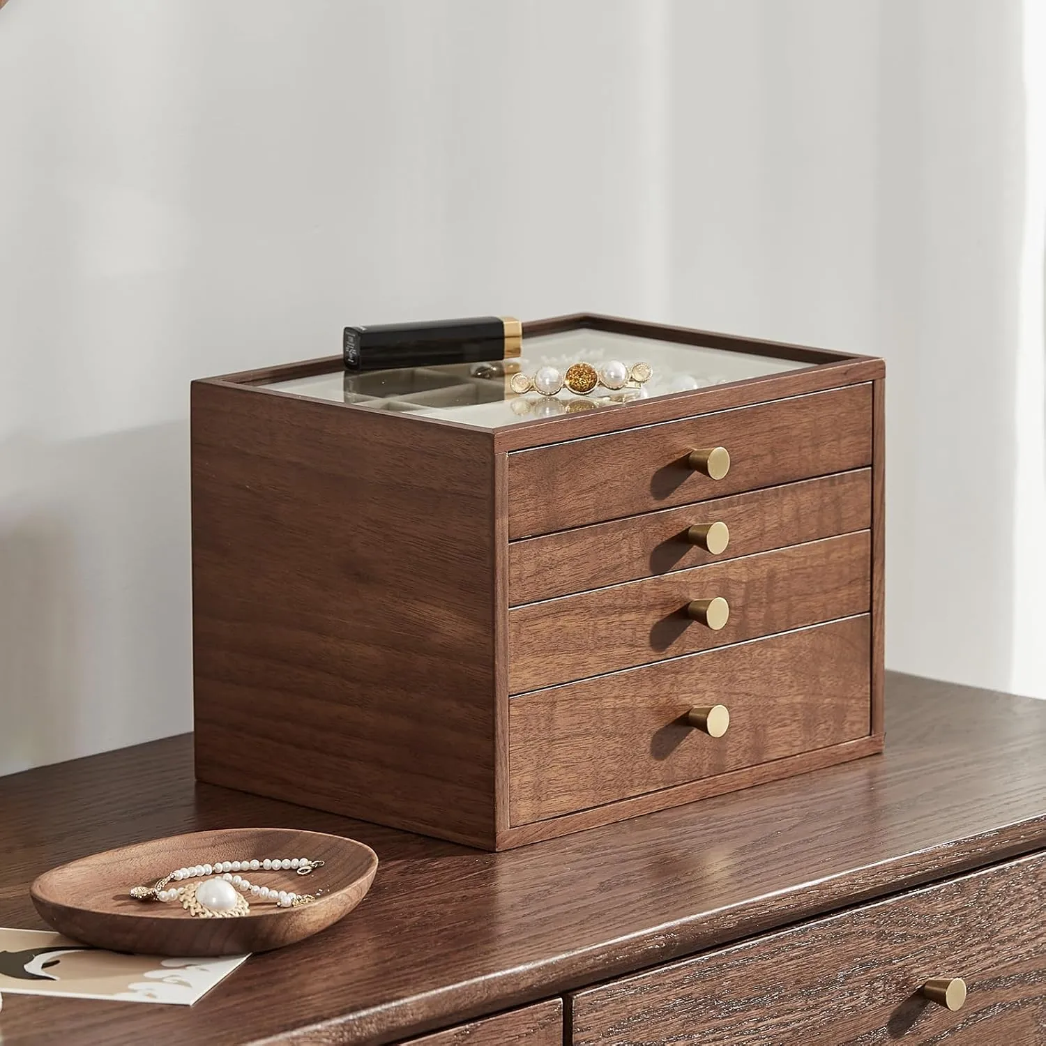 Jewelry Box for Women large 4 Layer Drawer Organizer Box with Glass Lid for Necklaces, Watch, cable mat smite responsible Necklace, Ring, Earring Storage Father's Day Gifts Black Walnut Wooden 