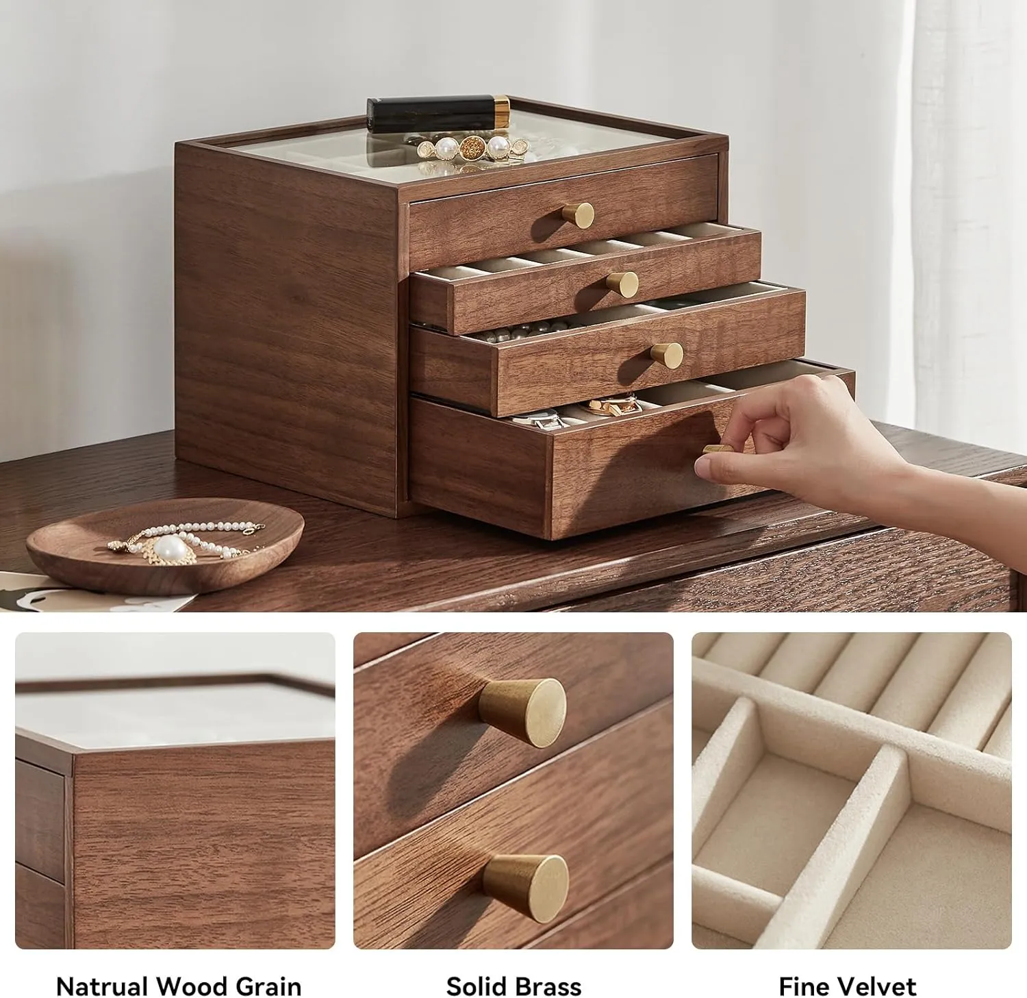 Jewelry Box for Women large 4 Layer Drawer Organizer Box with Glass Lid for Necklaces, Watch, cable mat smite responsible Necklace, Ring, Earring Storage Father's Day Gifts Black Walnut Wooden 