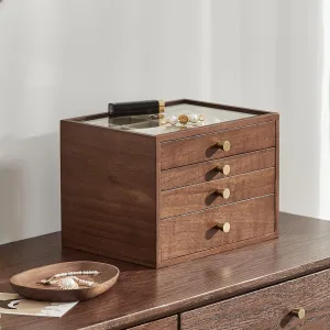 Jewelry Box for Women large 4 Layer Drawer Organizer Box with Glass Lid for Necklaces, Watch, cable mat smite responsible Necklace, Ring, Earring Storage Father's Day Gifts Black Walnut Wooden 