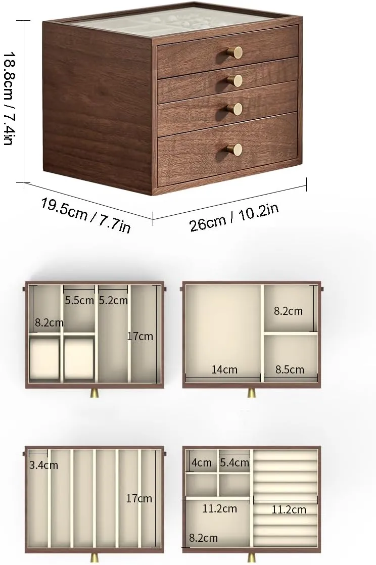 Jewelry Box for Women large 4 Layer Drawer Organizer Box with Glass Lid for Necklaces, Watch, cable mat smite responsible Necklace, Ring, Earring Storage Father's Day Gifts Black Walnut Wooden 