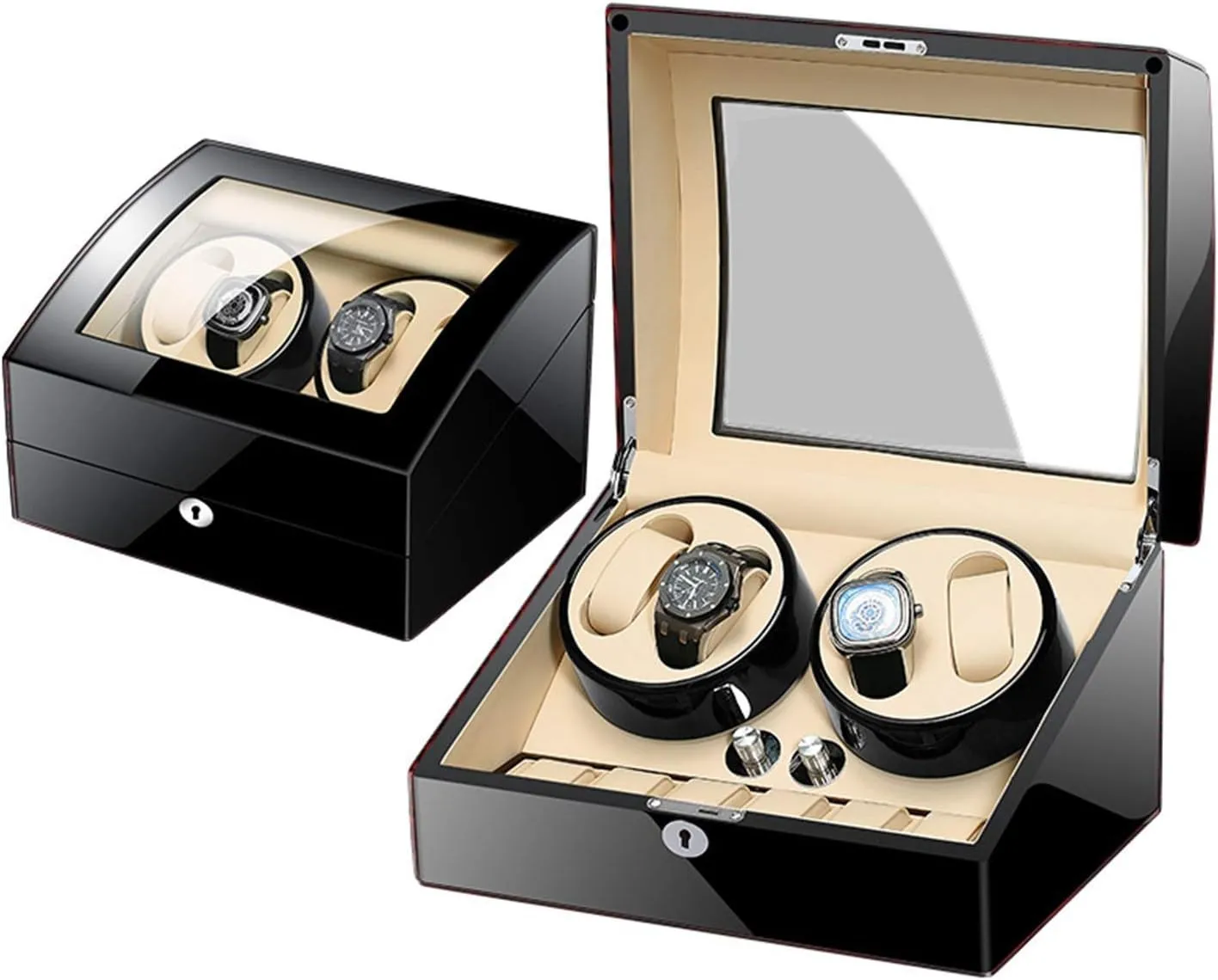 Key Wood Shell Piano Paint Exterior Adapter and rougher yield beam Battery Powered (E) Automatic Watch Winder Box for 4 Watches 6 Storage with 