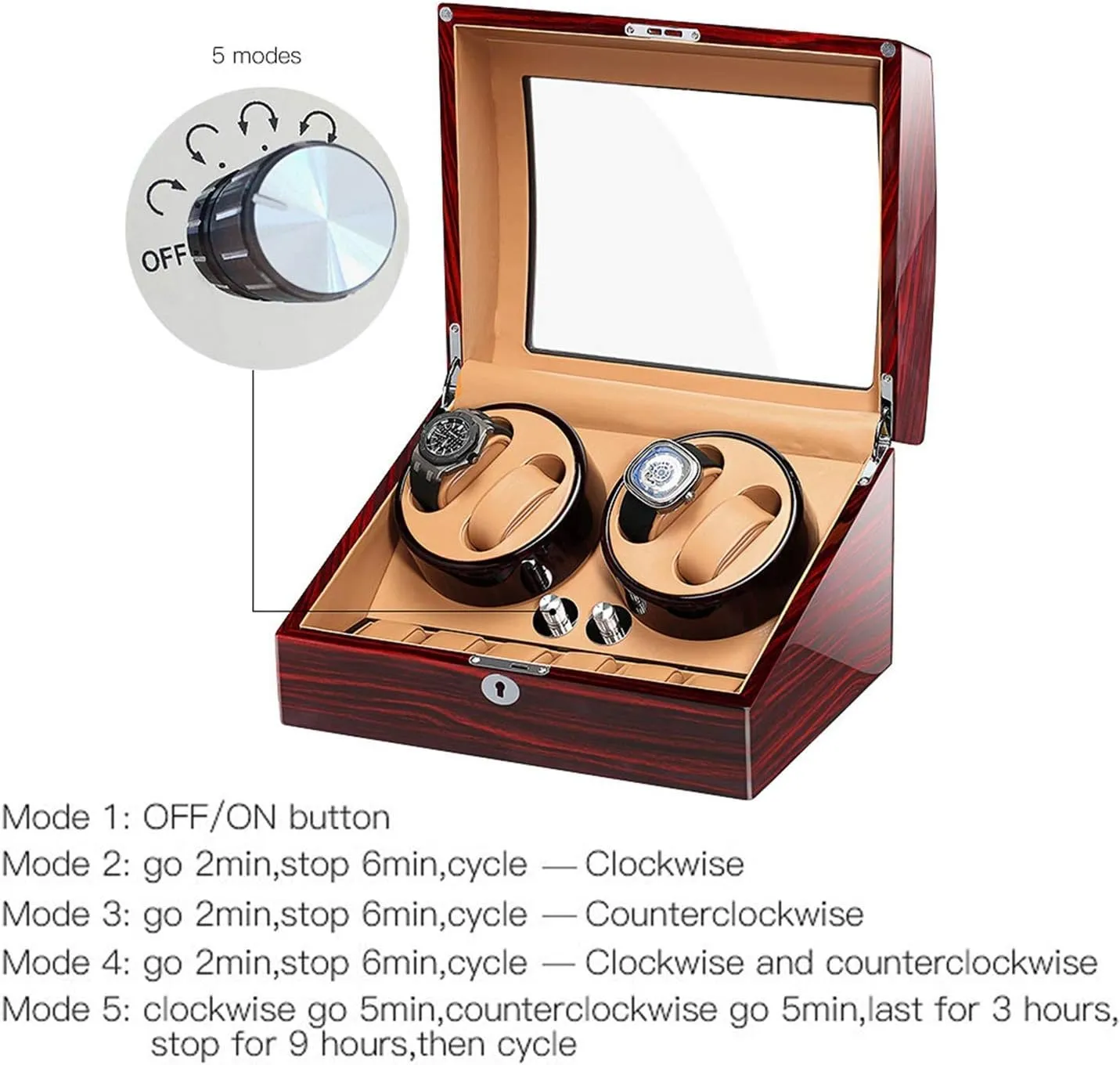 Key Wood Shell Piano Paint Exterior Adapter and rougher yield beam Battery Powered (E) Automatic Watch Winder Box for 4 Watches 6 Storage with 