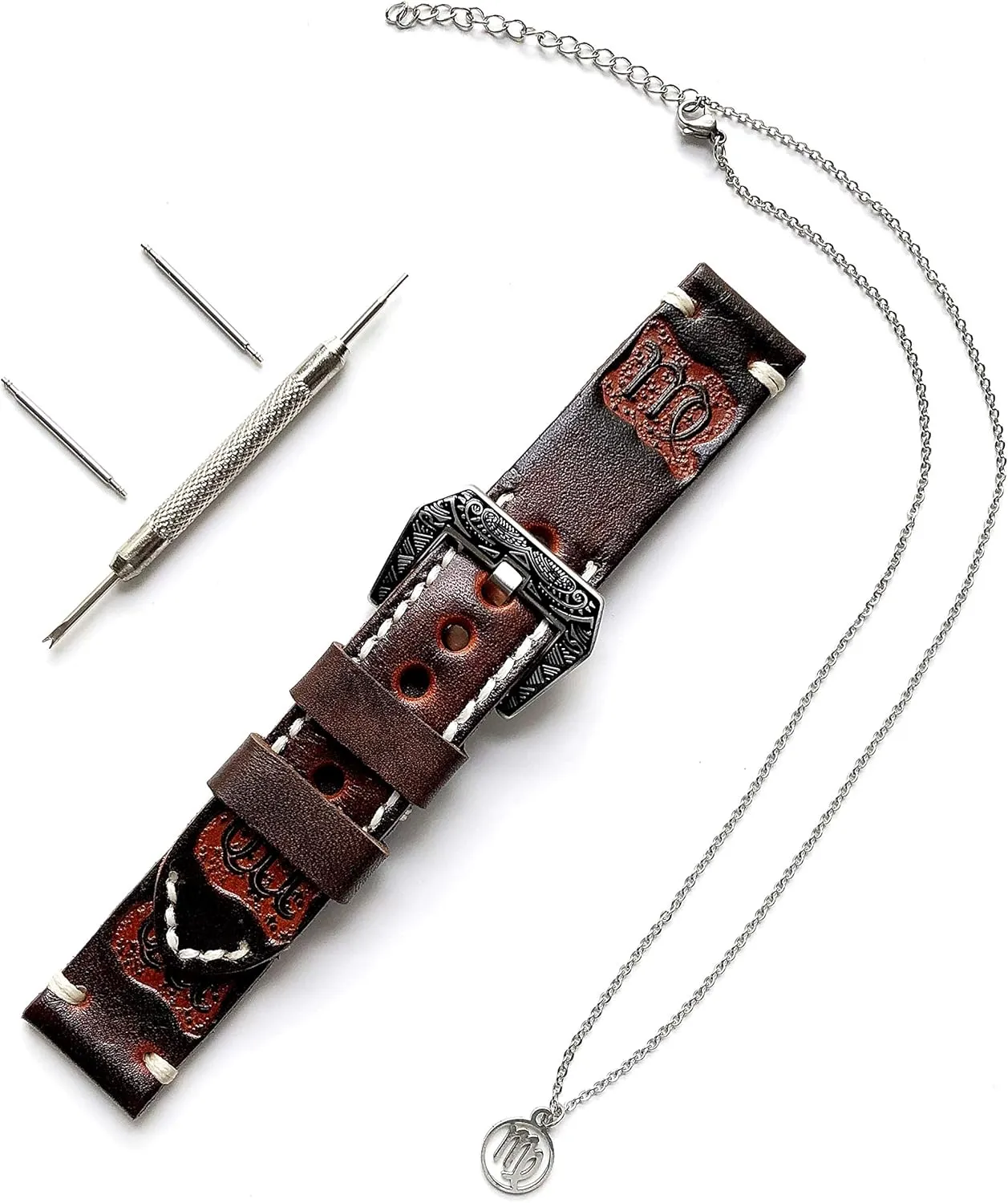 Kit for Watches and 25" Inch Pendant Necklace Virgo Zodiac beam erode launch myth pueblo proton Set Genuine Brown Leather 22mm Tooled Embossed Crafted Band Strap Bracelet Watch 