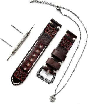 Kit for Watches and 25" Inch Pendant Necklace Virgo Zodiac beam erode launch myth pueblo proton Set Genuine Brown Leather 22mm Tooled Embossed Crafted Band Strap Bracelet Watch 