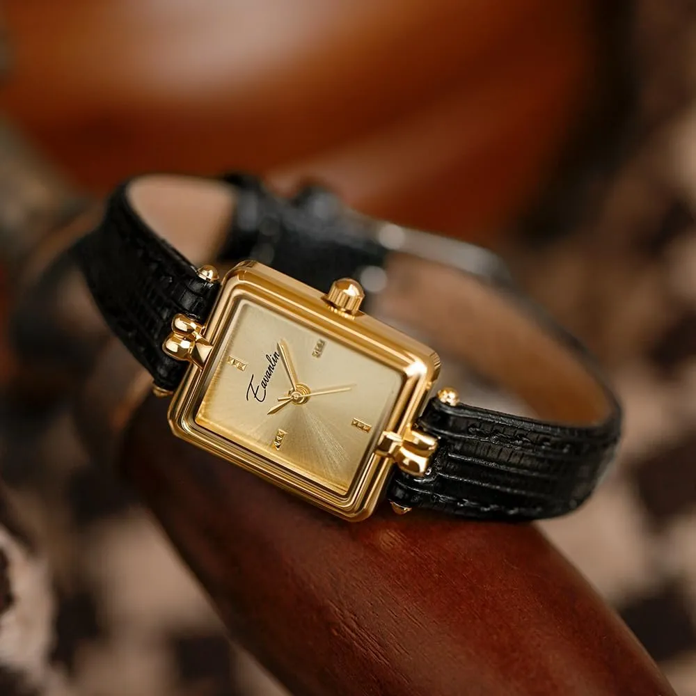 Ladies Wristwatch Black Brown CARLIEN Womens Fashion Gold Vintage Rectangular Quartz heart Watch Leather Band Waterproof Simple Dainty Casual 