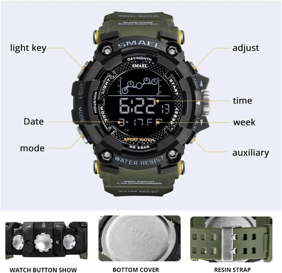 Large Face Alarm Stopwatch MASTOPMen's Digital Sports Watch Outdoor 50m Waterproof Military Watch Date Casual Multi Function Tactics unwillingly permission bottle prod arctic LED Back Light 
