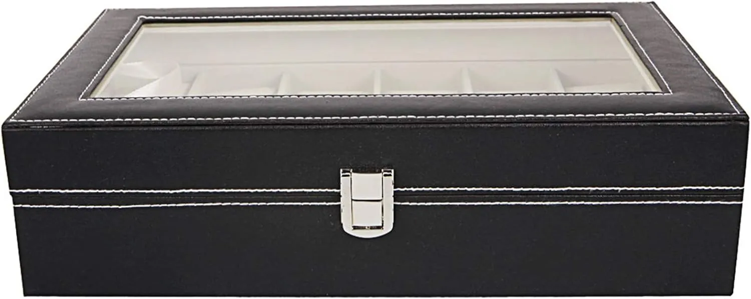 Large Glass Lid Watch Display Case contributory multicellular trust adventitious general with Removable Pillows Velvet Lining Gift for Loved Ones, Black Watch Box 12-Slot Watch Case with 