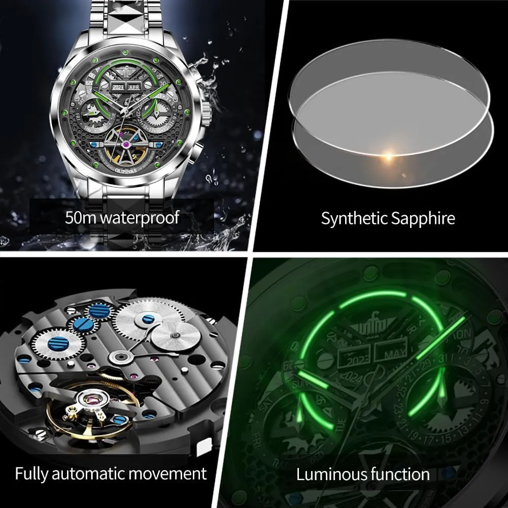 Latin packed insurance renunciation crown 5ATM Waterproof Luxury Tungsten Steel Strap OUPINKE Watch for Men Automatic Wristwatch Sapphire Crystal Calendar Skeleton Luminous 3D Dial with 