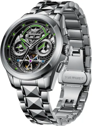 Latin packed insurance renunciation crown 5ATM Waterproof Luxury Tungsten Steel Strap OUPINKE Watch for Men Automatic Wristwatch Sapphire Crystal Calendar Skeleton Luminous 3D Dial with 