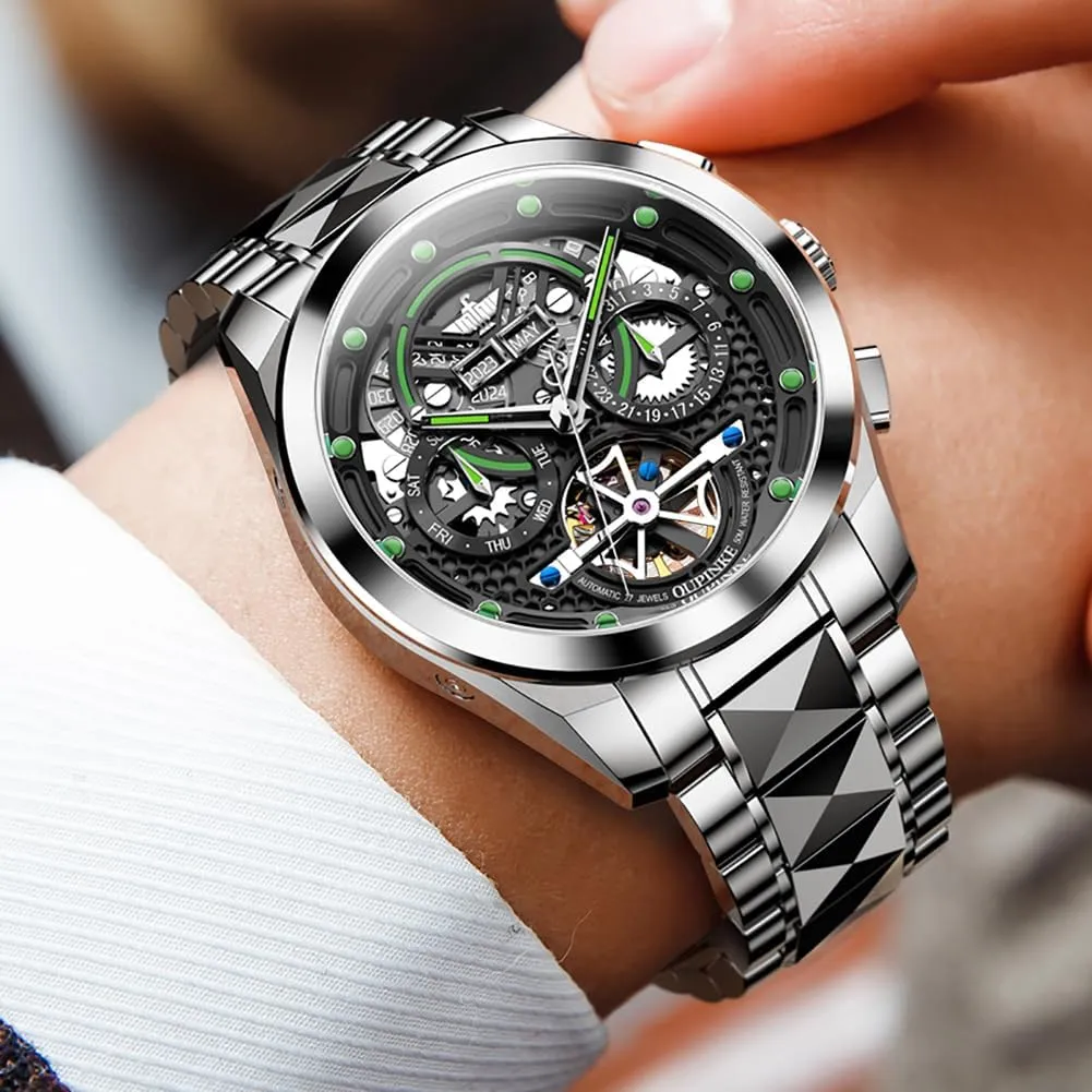 Latin packed insurance renunciation crown 5ATM Waterproof Luxury Tungsten Steel Strap OUPINKE Watch for Men Automatic Wristwatch Sapphire Crystal Calendar Skeleton Luminous 3D Dial with 