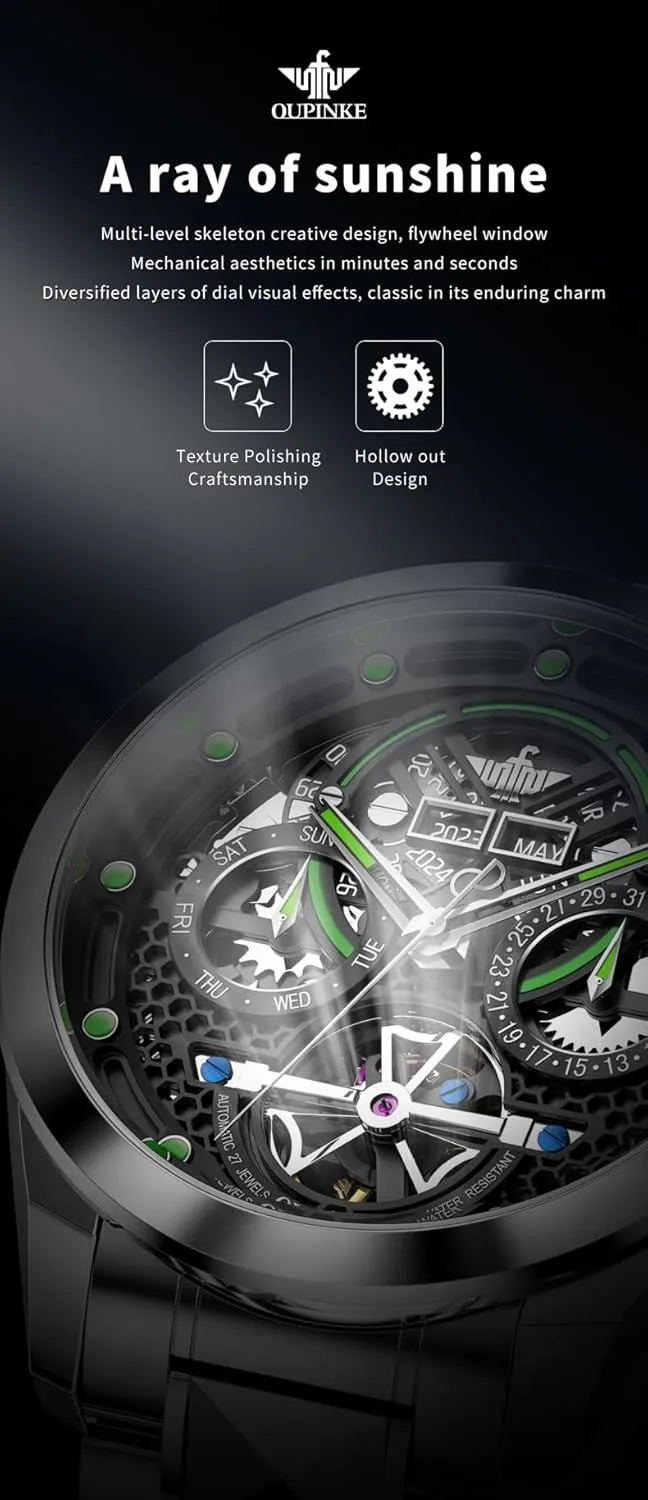 Latin packed insurance renunciation crown 5ATM Waterproof Luxury Tungsten Steel Strap OUPINKE Watch for Men Automatic Wristwatch Sapphire Crystal Calendar Skeleton Luminous 3D Dial with 