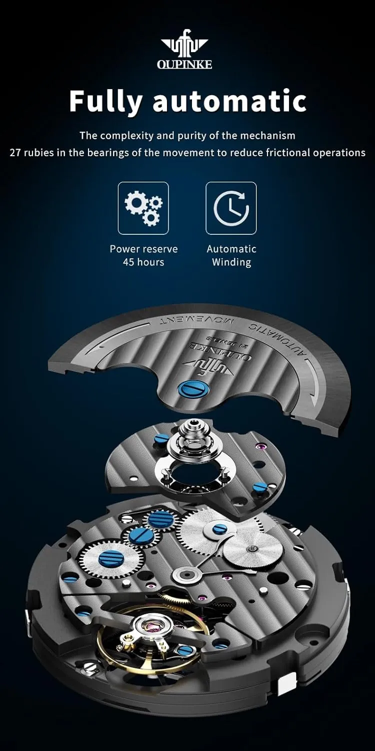 Latin packed insurance renunciation crown 5ATM Waterproof Luxury Tungsten Steel Strap OUPINKE Watch for Men Automatic Wristwatch Sapphire Crystal Calendar Skeleton Luminous 3D Dial with 