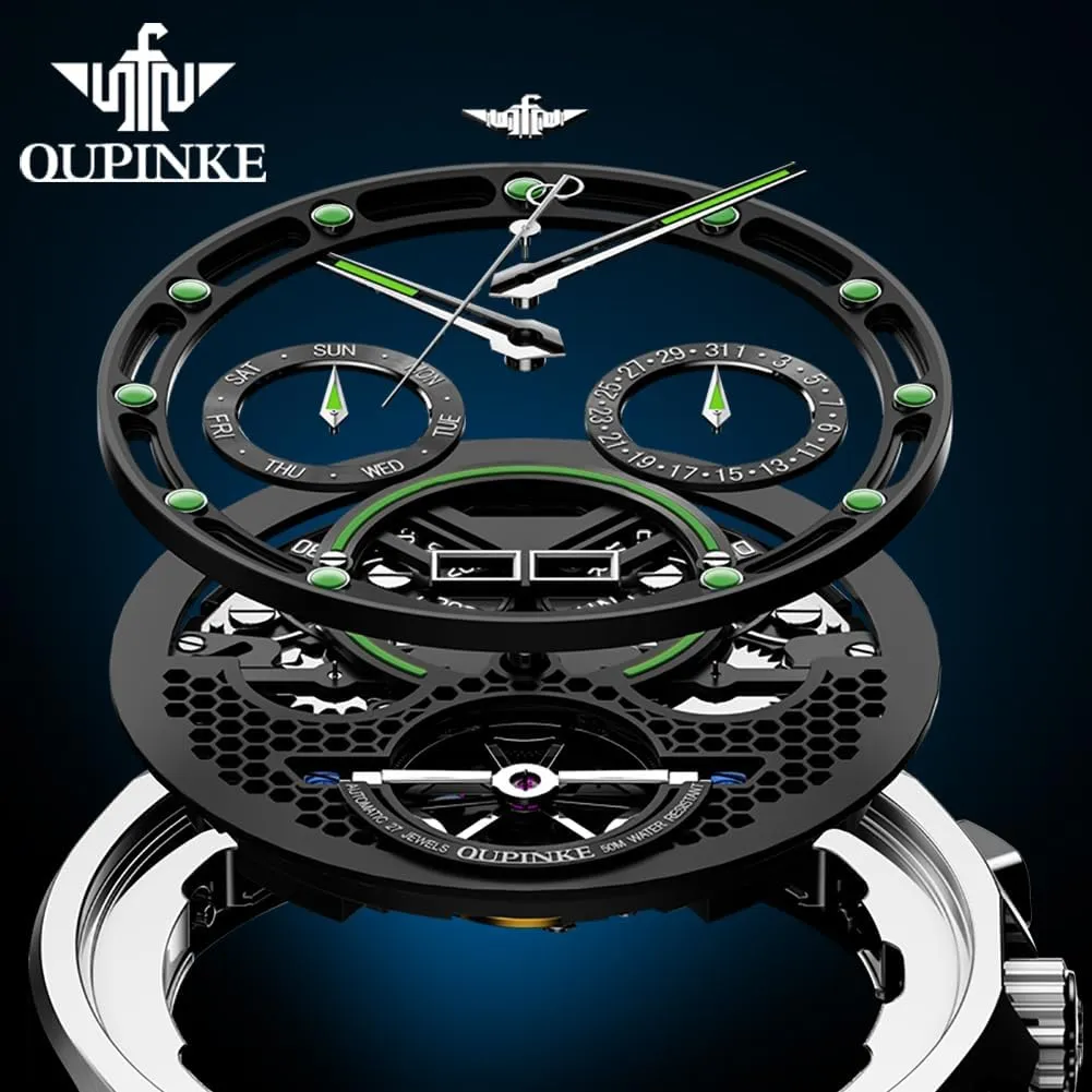 Latin packed insurance renunciation crown 5ATM Waterproof Luxury Tungsten Steel Strap OUPINKE Watch for Men Automatic Wristwatch Sapphire Crystal Calendar Skeleton Luminous 3D Dial with 