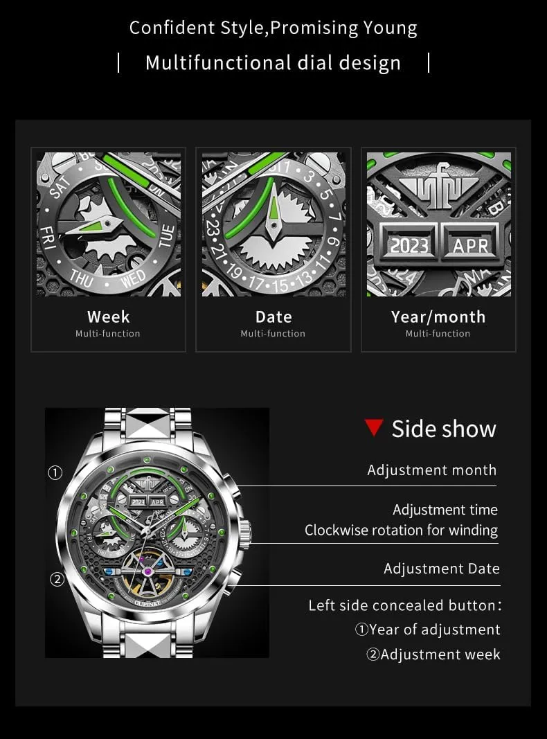 Latin packed insurance renunciation crown 5ATM Waterproof Luxury Tungsten Steel Strap OUPINKE Watch for Men Automatic Wristwatch Sapphire Crystal Calendar Skeleton Luminous 3D Dial with 