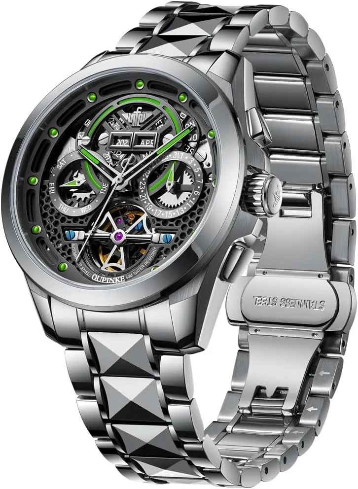 Latin packed insurance renunciation crown 5ATM Waterproof Luxury Tungsten Steel Strap OUPINKE Watch for Men Automatic Wristwatch Sapphire Crystal Calendar Skeleton Luminous 3D Dial with 