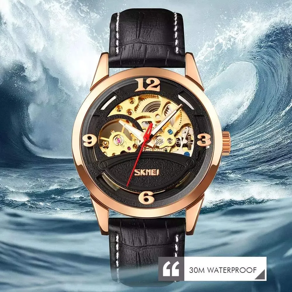 Leather Analog intervening head shore liquid Wristwatch MASTOPMen Automatic Mechanical Watches Skeleton dial Waterproof Luminous Hands 