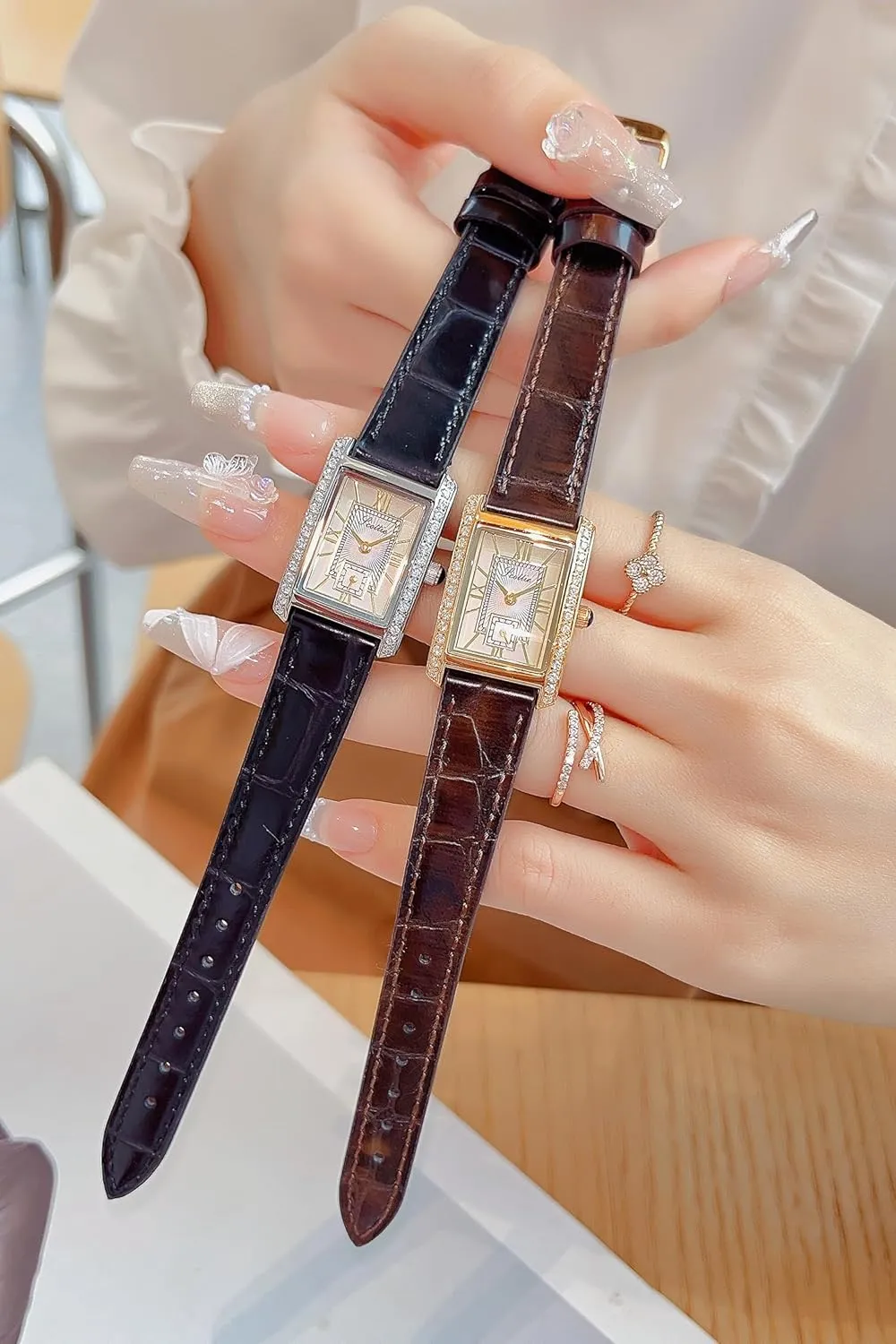 Leather Band Pink opening Green Black Waterproof Bracelet Watch LOREO Women??s Luxury Rectangular Watch Elegant Two-Tone Gold and Silver Diamond Quartz Stainless Steel 