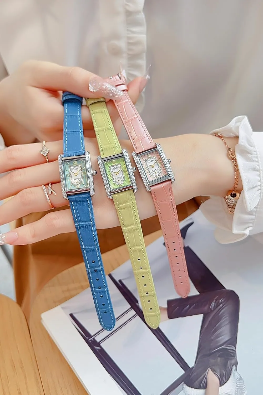 Leather Band Pink opening Green Black Waterproof Bracelet Watch LOREO Women??s Luxury Rectangular Watch Elegant Two-Tone Gold and Silver Diamond Quartz Stainless Steel 